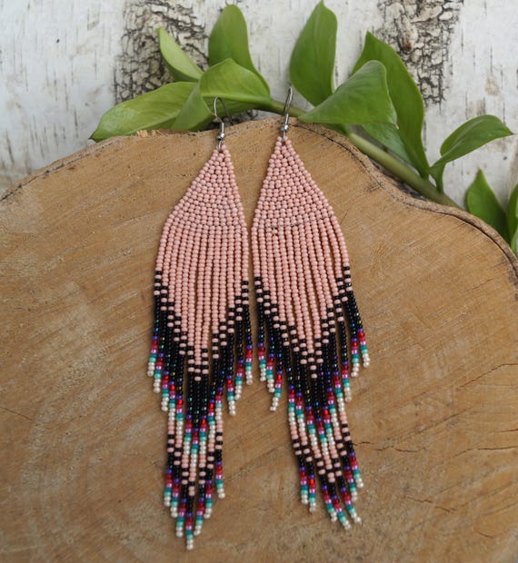 Long Seed Bead Fringe Earrings: Pink Black Geometric Jewelry