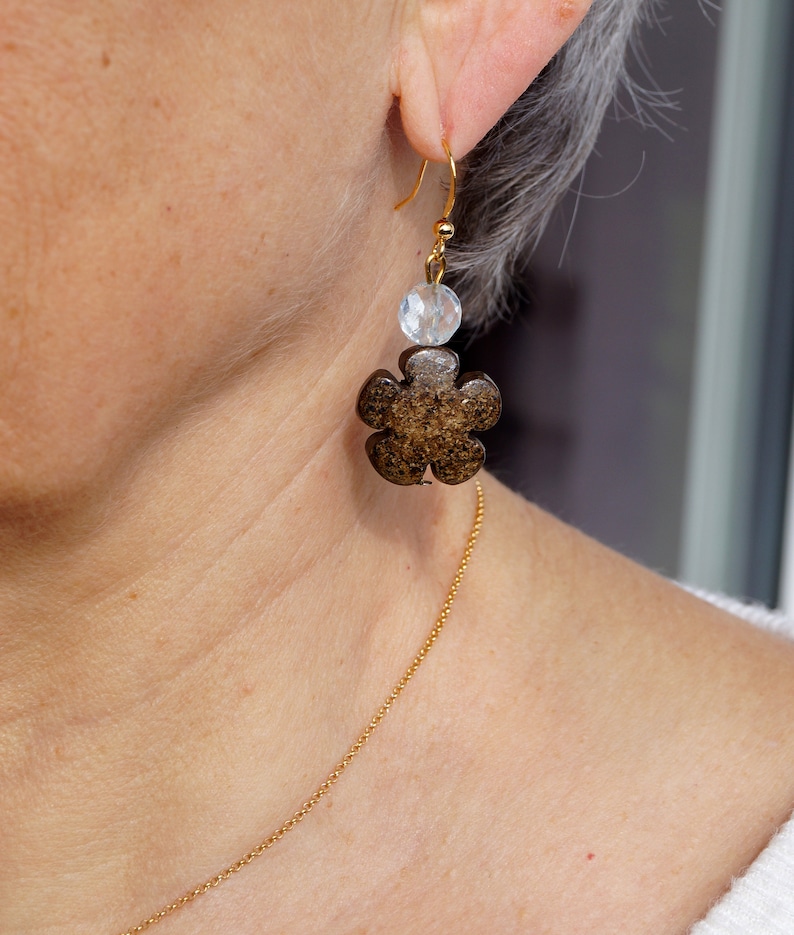 Bronzite and quartz dangle earrings,bronzite flower earrings for woman,bronzite jewellery,bown gemstone earrings boho jewelry,gifts for her