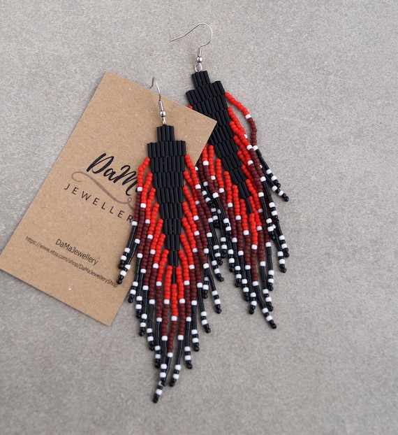 Handmade Beaded Fringe Earrings: Red Black Boho Wedding Jewelry