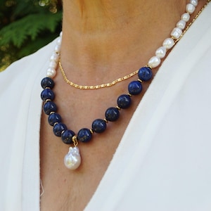 Lapis lazuli necklace, pearl and gemstone necklace, elegant gemstone necklace, large pearl necklace, handmade birthday gift for women