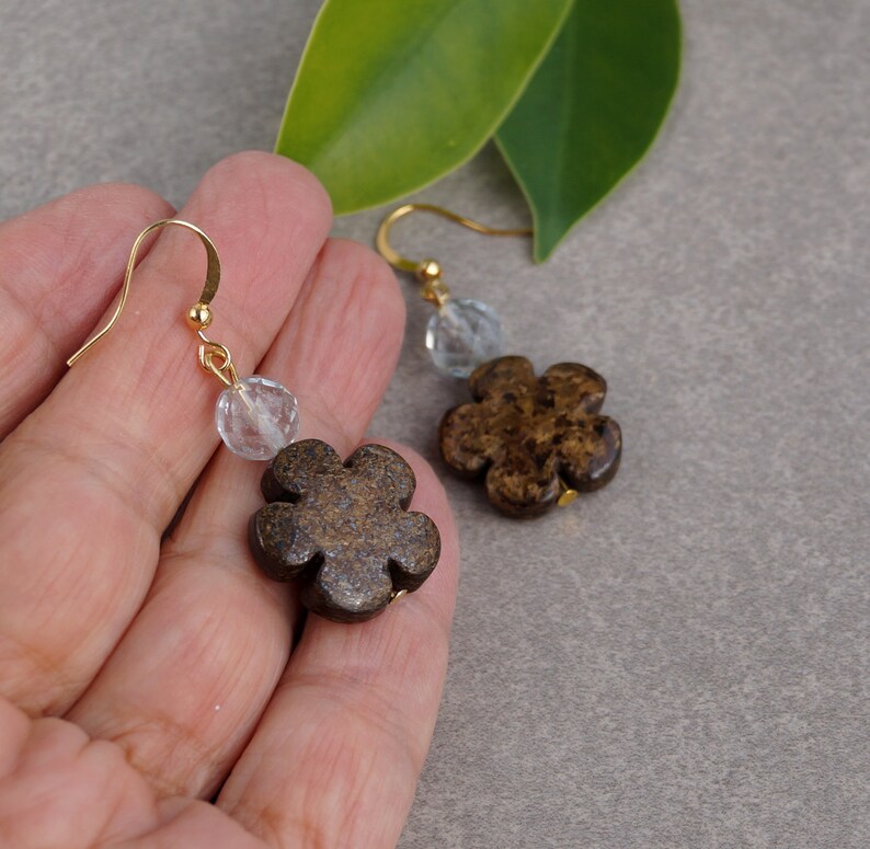 Bronzite and quartz dangle earrings,bronzite flower earrings for woman,bronzite jewellery,bown gemstone earrings boho jewelry,gifts for her