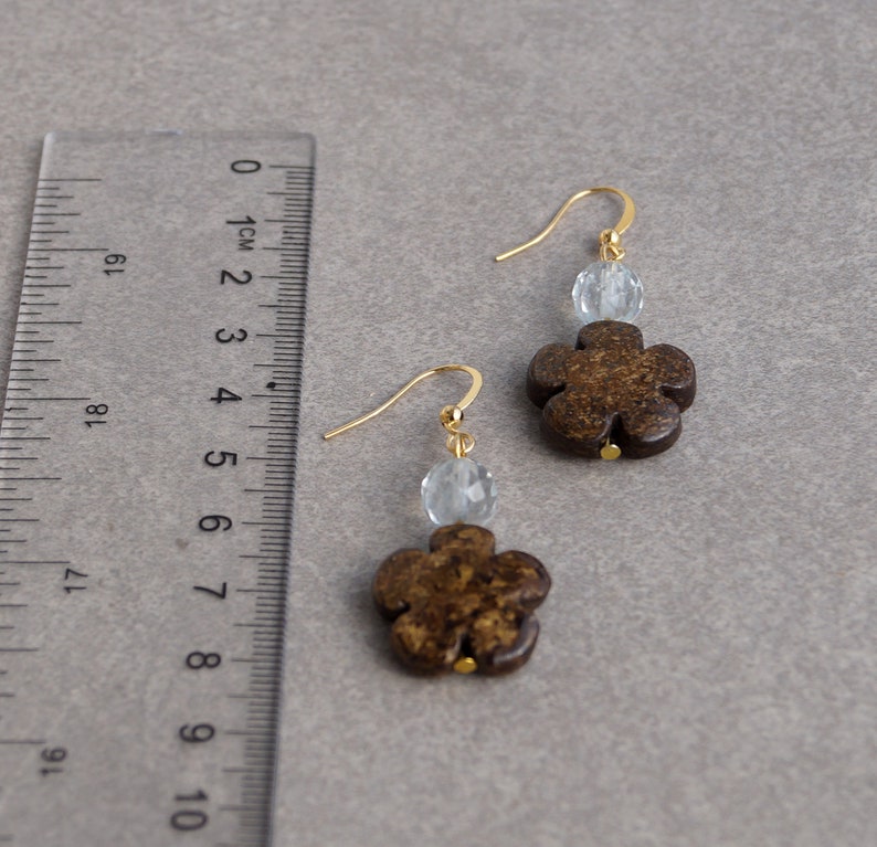 Bronzite and quartz dangle earrings,bronzite flower earrings for woman,bronzite jewellery,bown gemstone earrings boho jewelry,gifts for her