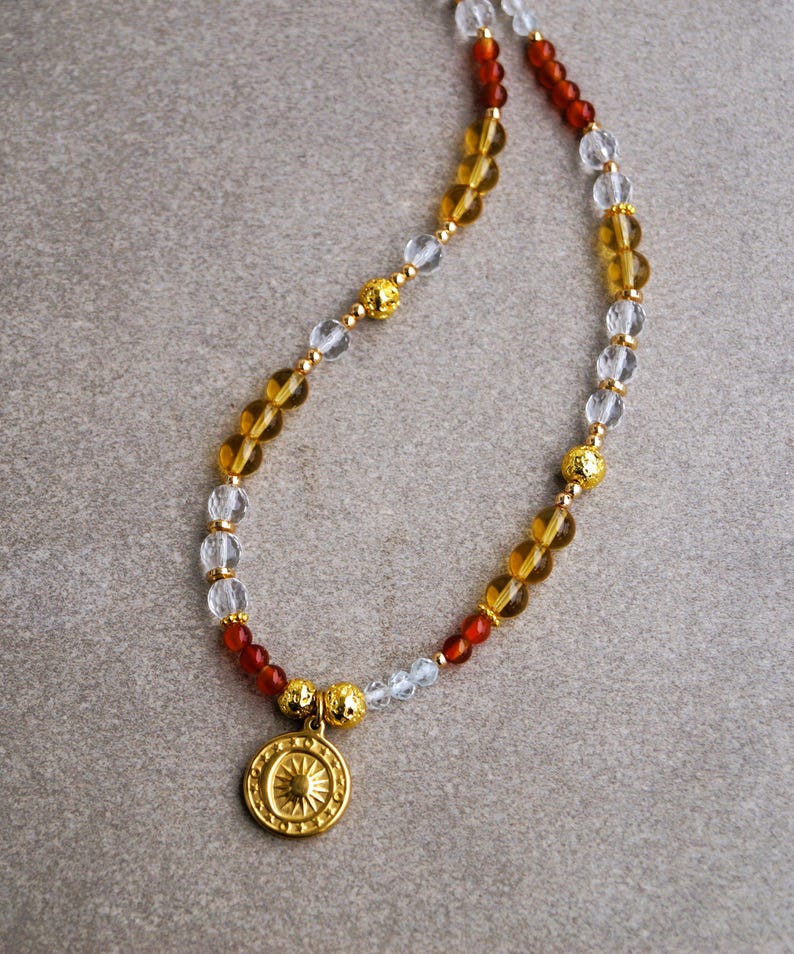 Collier Perles Cornaline Et Quartz - Pierre Naturelle Orange - Longueur 41-45 Cm