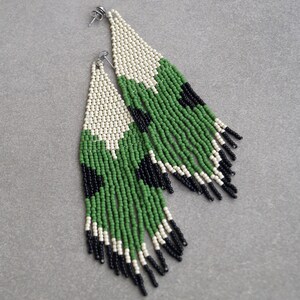 Beaded Fringe Earrings: Green Black Miyuki Delica Beads, Boho Wedding
