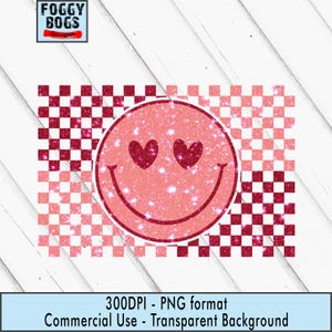 May include: A digital design featuring a pink glittery smiley face with heart-shaped eyes, set against a checkered background of pink and burgundy squares. The design includes the text "FOGGY BOGS designs" and "300DPI - PNG format Commercial Use - Transparent Background".