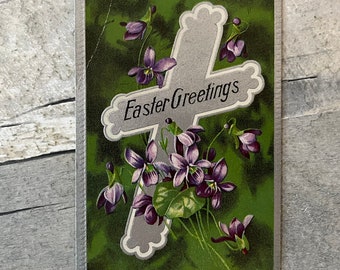 Antique Easter Post Card Embossed Easter Greetings Silver Cross with purple flowers
