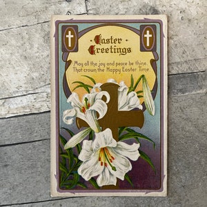 Antique Easter Post Card Embossed Easter Greetings Gold Cross with White Easter Lillies