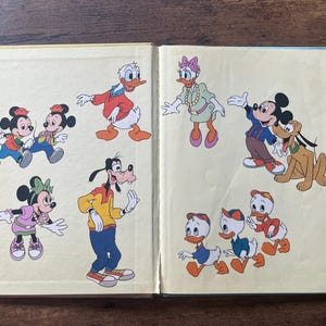 May include: An open book featuring colorful illustrations of classic cartoon characters including Mickey Mouse, Minnie Mouse, Donald Duck, Daisy Duck, Goofy, Pluto, and three ducklings. The characters are depicted in various poses on a light yellow background.