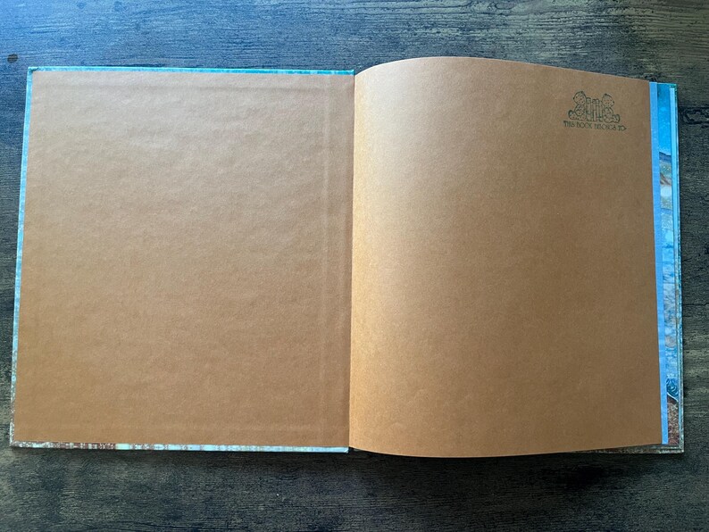 May include: An open book with blank, light brown paper pages. The right page features a small, dark ink stamp in the top right corner that reads THE BOOK THESAURUS. The book has a thin, light blue patterned border visible along the outer edges.