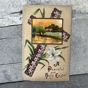 Antique Easter Post Card Embossed Cross with Lake House Picture