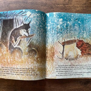 May include: An open children's storybook featuring two pages of illustrations. The left page shows a wolf eating corn near a shelter. The right page depicts a horned toad near a cornfield. Both pages contain printed text in English.
