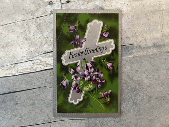 Antique Easter Post Card Embossed Easter Greetings Silver Cross with purple flowers