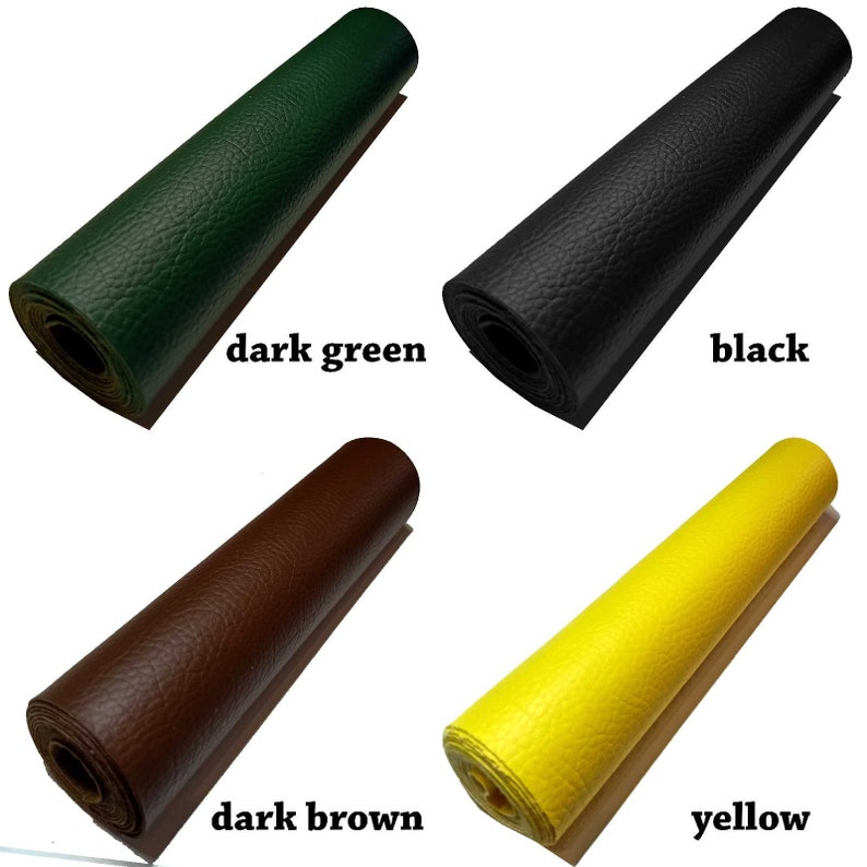 May include: Four rolls of faux leather in different colors: dark green, black, dark brown, and yellow. The rolls are all the same size and are arranged in a square.