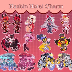 May include: A set of 12 cartoon character charms featuring characters from the animated series Hazbin Hotel. The characters include:  Angel Dust,  Alastor,  Charlie,  Vaggie,  Sir Pentious,  Lucifer,  Cherri Bomb,  Niffty,  Fizzarolli,  and  the  three  main  characters  from  the  spin-off  series  Helluva  Boss:  Blitz&oslash;,  Millie,  and  Moxxie.