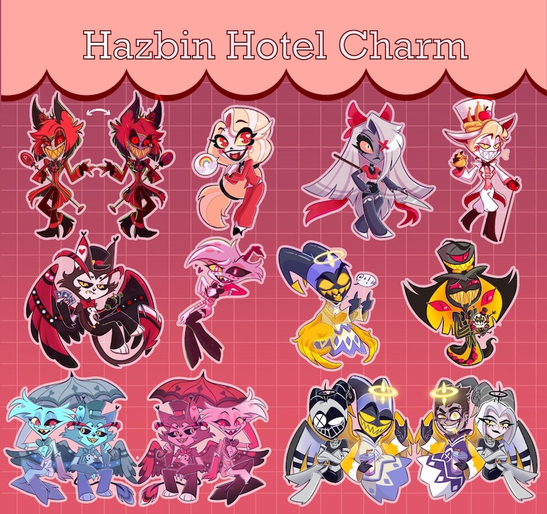 May include: A set of 12 cartoon character charms featuring characters from the animated series Hazbin Hotel. The characters include:  Angel Dust,  Alastor,  Charlie,  Vaggie,  Sir Pentious,  Lucifer,  Cherri Bomb,  Niffty,  Fizzarolli,  and  the  three  main  characters  from  the  spin-off  series  Helluva  Boss:  Blitz&oslash;,  Millie,  and  Moxxie.