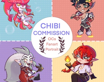 May include: Digital artwork showcasing four chibi character portraits. The image includes a red and white character, a character with a laurel wreath, a character with grey hair, and a character with red hair. The image has the text "CHIBI COMMISSION" and "OCs Fanart Portrait".