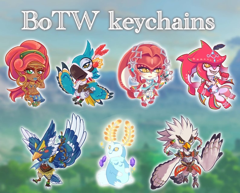 May include: A set of eight colorful keychains featuring characters from the Legend of Zelda: Breath of the Wild video game. The keychains include a blue and green bird, a red and white bird, a red and white fish, a red and white bird, a blue and white bird, a white and gold bird, a red and white bird, and a red and white bird.