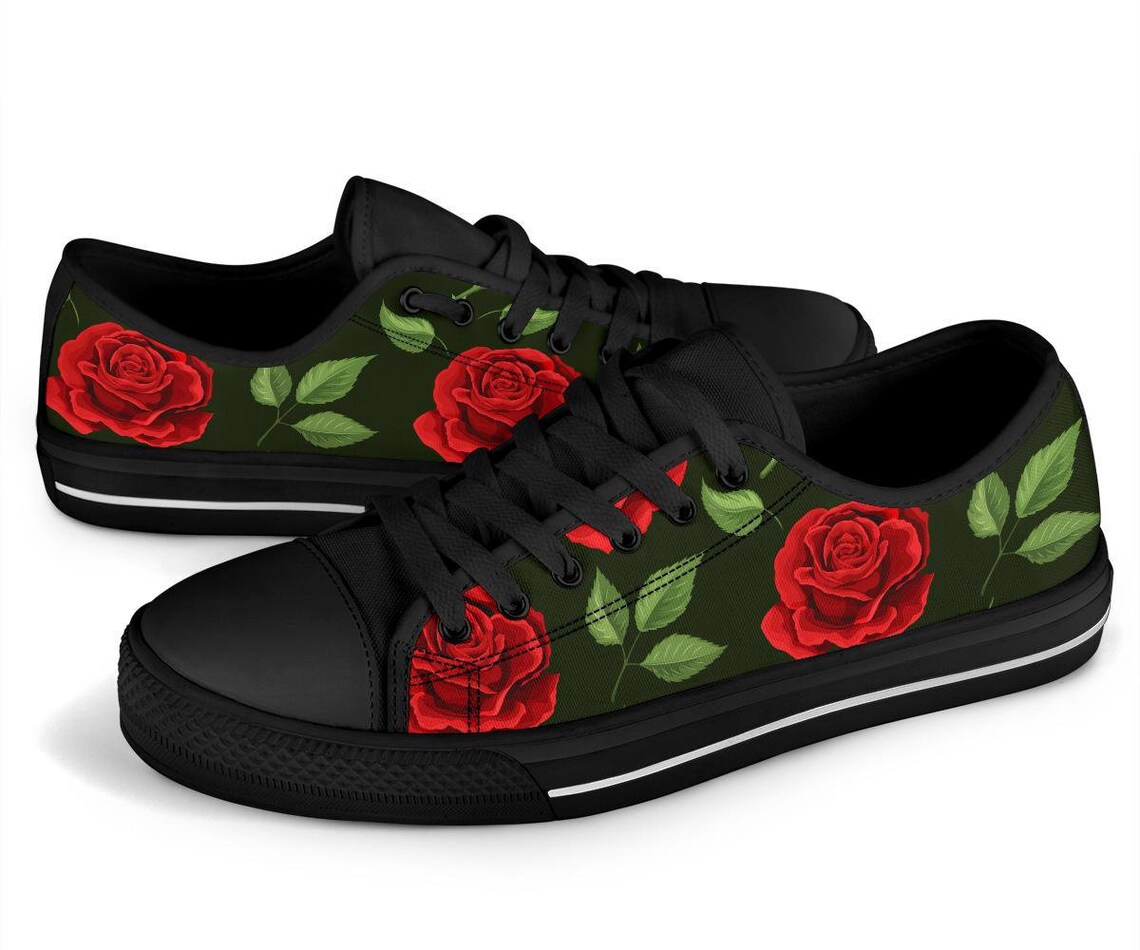 Red Roses Floral Flowers Low Top Shoes Sneakers in Black Sole Etsy