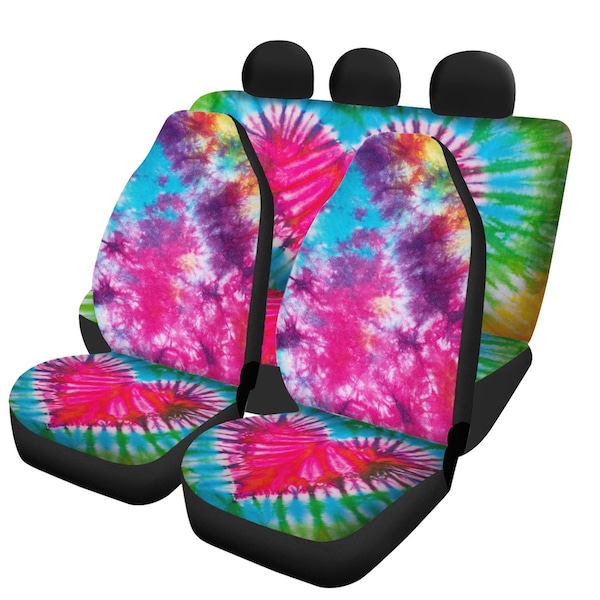 Love Heart Tie Dye Colorful Universal 3 Pieces Car Seat Covers, 3 pieces Set Front Rear Seat Pro Car Seat Cover Set, Jeep VW Beetle