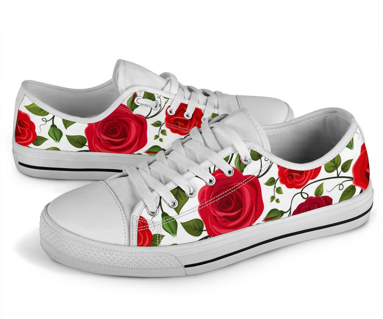 Red Roses Floral Flowers Black Low Top Shoes Sneakers in Black Etsy