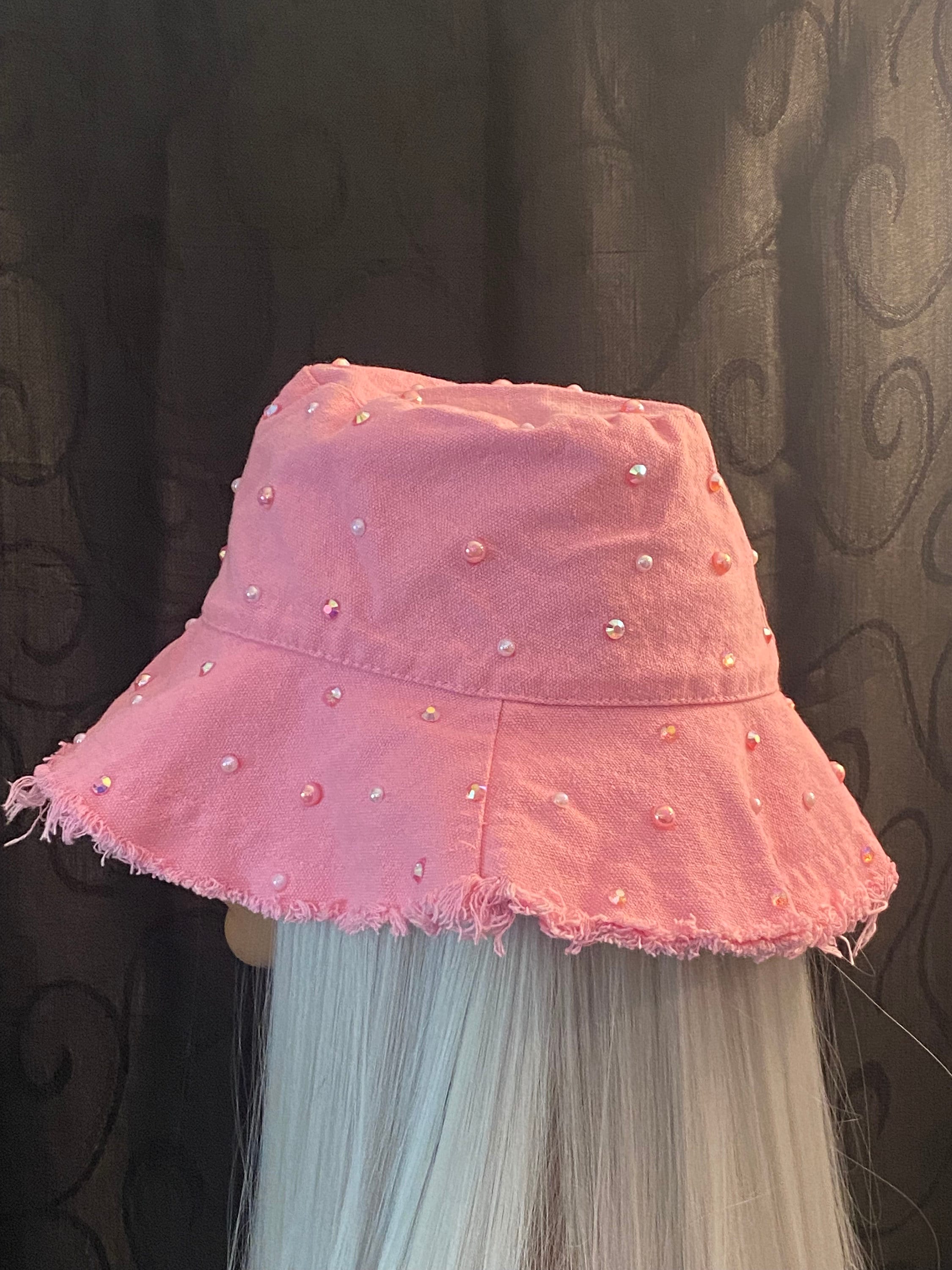 BLING Bucket Hat, Pink Pearl and Rhinestone Hat, Embellished Hat, Pink ...