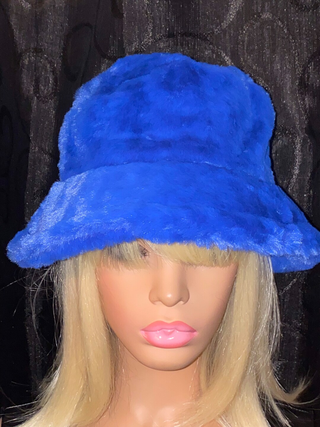 Blue Faux Fur Bucket Hat, Plush Fur Bucket Hat, Blue Bucket Hat, Faux