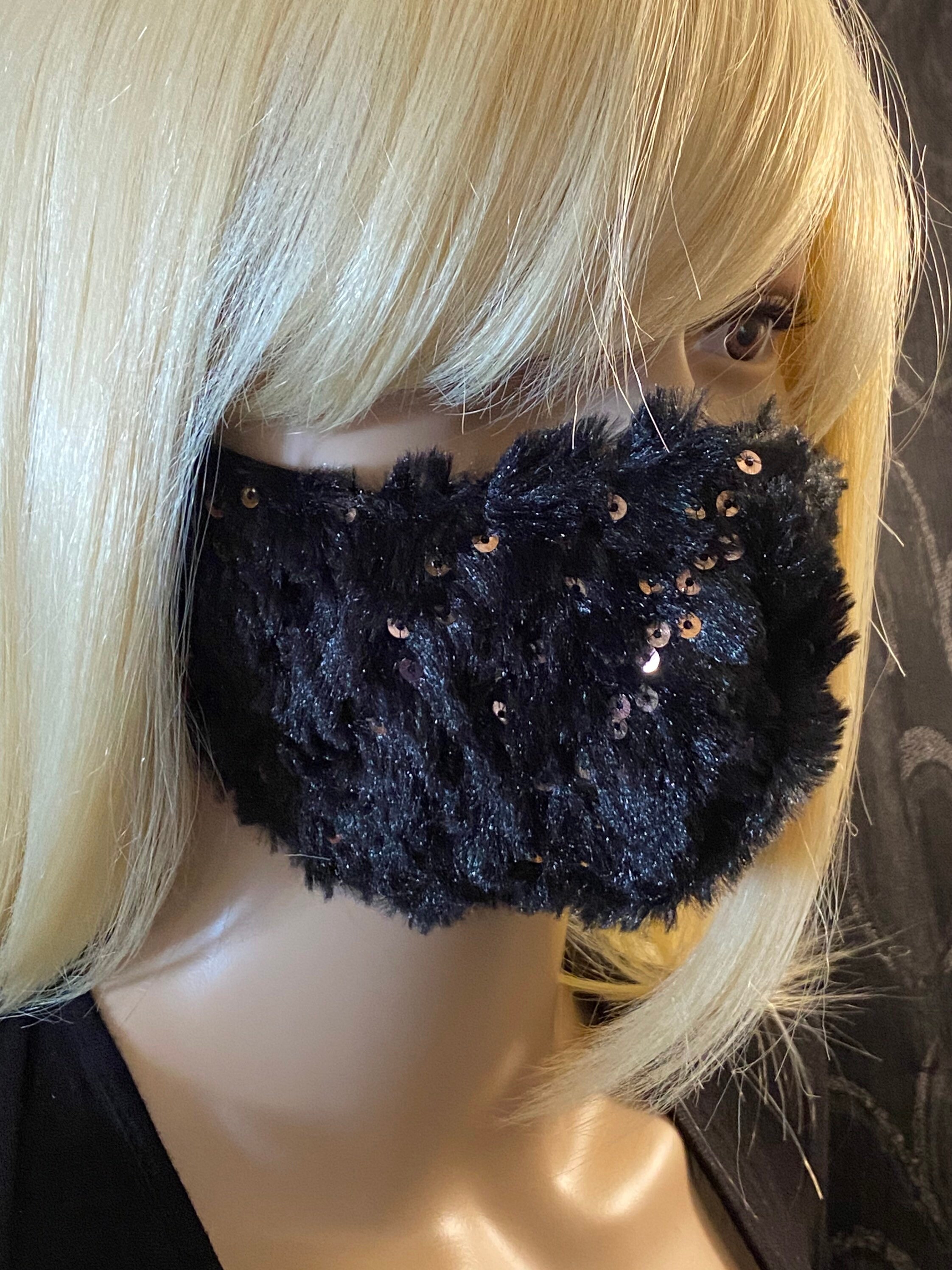 Black Faux Fur Face Mask Black Faux Fur and Sequin Face Etsy