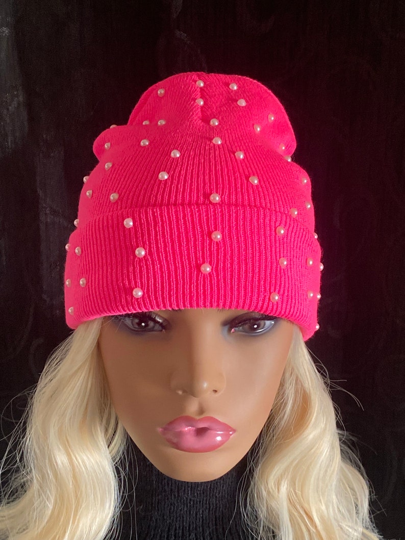 BLING Beanie, Pink Pearl Beanie Hat, Embellished Hat, Jeweled Hats
