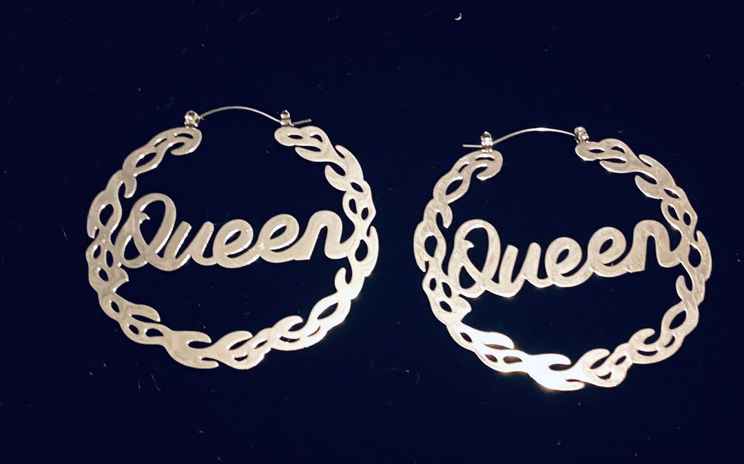 Silver Hoop Earrings Queen Hoop Earrings Queen Word Engraved Etsy