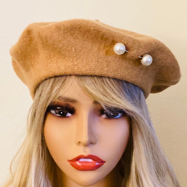 Camel Beret, Pearl Beret Hut, Camelwolle Beret, Warme Hüte, Französische Beret für Frauen, Geschenk Hüte