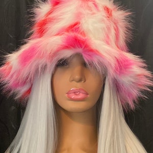 Pink White Red Shag Faux Fur  Hat, Shaggy Faux Fur Bucket Hat, Multicolor Faux Fur  Hat, Faux Fur Hat, Rave Hat, Festival Hat, Gift Ha