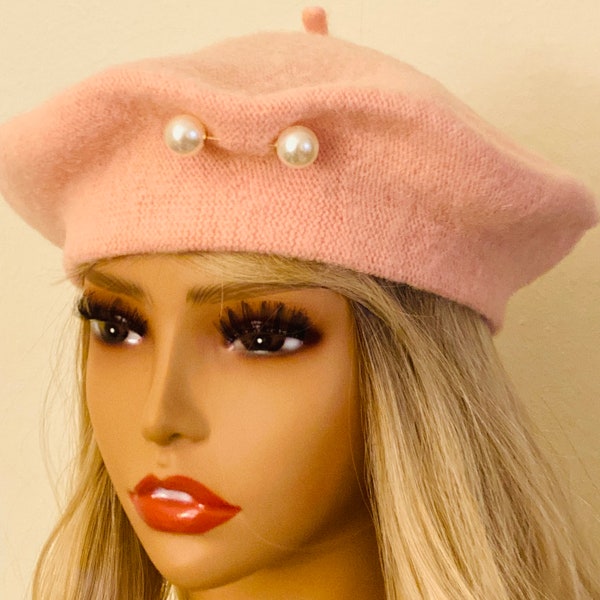 Pink Beret, Pearl Beret Hat, Pink  Wool Beret, Warm Hats, French Beret for Women, Gift Hats