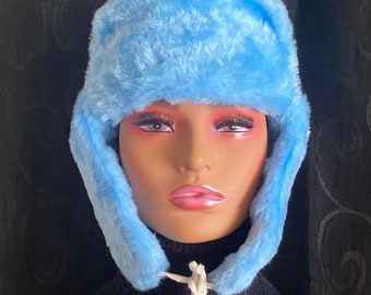 Sky Blue Faux Plush Fur Bomber Hat/ Trapper Hat/ Aviator Hat / Ski Hat / Festival Hat / Winter Fur Hat / Faux Fur Hat/ Ushanka Hat/ Gift Hat