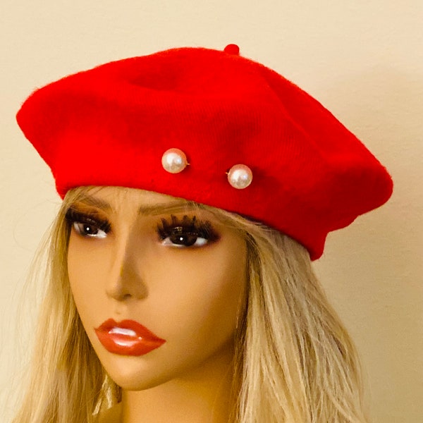 Red Beret, Pearl Beret Hat, Red Wool Beret, Warm Hats, French Beret for Women, Gift Hats