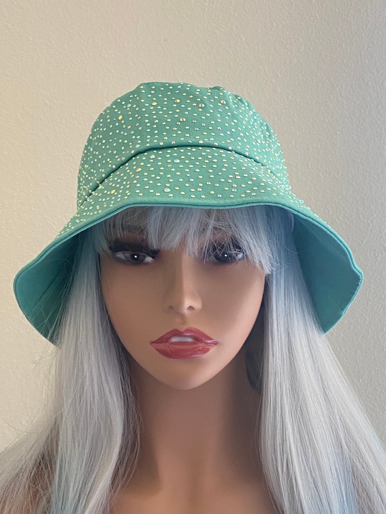 BLING Bling Bucket Hat, Embellished Hat, Green Rhinestone Hat, Bling