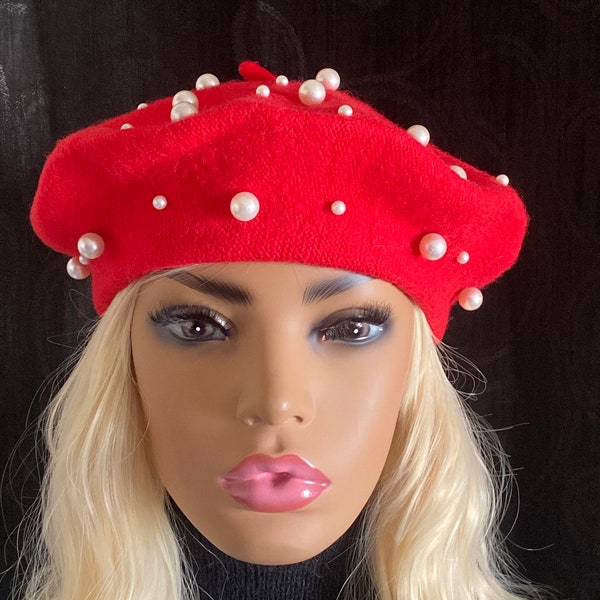 Red Beret with Pearls, Red Pearls Beret Hat, Pearl Embellished Hat, Pearl Hat, Wool Beret, Warm Hat, French Beret, Gift Hat