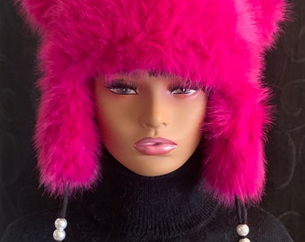Hot Pink Faux Fur Hat with Cat Ears, Beanie Hat With Pom, Faux Fur Beanie Hat, Plush Bomber Hat, Trapper Hat, Aviator Hat, Ski Hat, Gift Hat
