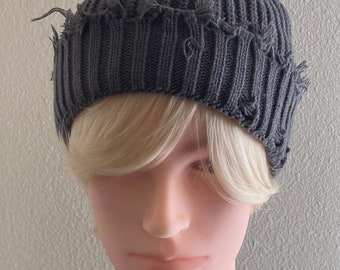 Frayed Distress Beanie, Grey Knit Beanie, Ripped Beanie, Stylish Warm hat, Winter hats, Skull hats, Unisex hat, Gift Hats