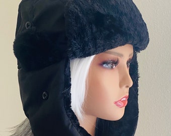 Black Faux Fur Trim Trapper Hat, Windproof Hat, Aviator Hat, Ski Hat, Warm Winter Hat, Faux Fur Hat,  Ushanka Hat, Bomber Hat, Gift Hat