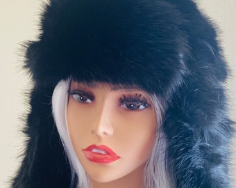 Black Faux Fur Trapper Hat / Aviator Hat /  Ski Hat / Festival Hat / Winter Fur Hat / Faux Fur Hat / Rave Hat / Ushanka Fur Hat / Bomber Hat