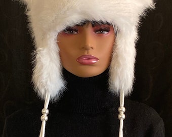 White Faux Fur Hat with Cat Ears, Beanie Hat With Pom, Faux Fur Beanie Hat, Plush Bomber Hat, Trapper Hat, Aviator Hat, Ski Hat, Gift Hat