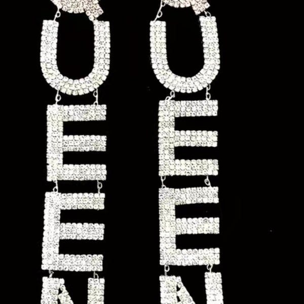 Bling Earrings, Queen Rhinestone Earrings, Rhinestone Earrings, Queen Word Earrings, Bling Jewelry, Statement Earrings, Gift Earrings