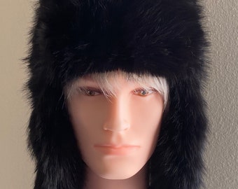 Black Faux Mink Fur Bomber Hat, Unisex Trapper Hat, Aviator Hat, Ski Hat, Festival Hat, Winter Fur Hat,  Faux Fur Hat, Ushanka Hat, Gift Hat
