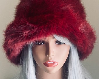 Burgundy Faux Fur Bucket Hat, Wine Red Faux Fur Bucket Hat, Shaggy Fur Hat, Faux Fur Hat, Rave Hat, Festival Hat, Fur Gift Hat