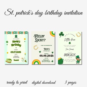 Op de afbeelding: St. Patrick's Day verjaardagsuitnodiging met drie ontwerpen. Elke uitnodiging heeft een groen en goud thema met klavers, regenbogen en kabouters. Tekst bevat verjaardagsdetails en de zinnen "Feelin' Lucky?" en "Little Love."
