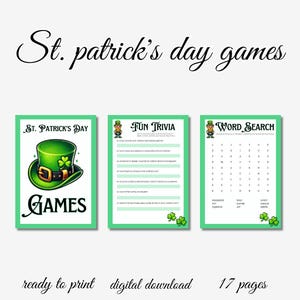 Op de afbeelding: Printbare St. Patrick's Day-spellen met een ontwerp van een groene klaver en een leprechaun-hoed. De spellen omvatten een woordzoeker, een quiz en een titelpagina met de tekst "St. Patrick's Day Games".