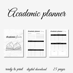 Op de afbeelding: Een printbare academische planner met een zwart-witte marmeren achtergrond en een gestileerde tekening van een open boek. De planner bevat secties voor studie doelen, examen trackers, toewijzings trackers en notities. De tekst "Academic planner" staat op de omslag en op elke pagina.