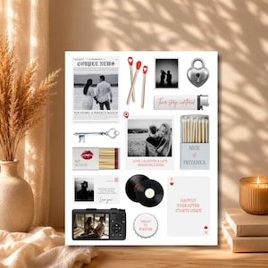 Op de afbeelding: Een collage van elementen met een bruiloftthema, waaronder een krantenkop, foto's, lucifers, een sleutel, een hartvormig slot en vinylplaten. Tekst bevat "Couple News", "Top Story: A Perfect Match" en "Happily Ever After Starts Here!"