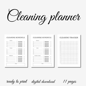 Op de afbeelding: Printbare schoonmaakplanner met drie pagina's: een schoonmaakschema voor maandag, dinsdag, woensdag, donderdag, vrijdag, zaterdag en zondag, een ander schoonmaakschema voor dinsdag, woensdag, donderdag, vrijdag, zaterdag en zondag, en een schoonmaaktracker.