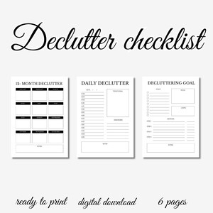 Op de afbeelding: Printbare opruimchecklist met drie pagina's: een 12-maandenkalender, een dagelijks opruimlogboek en een opruimdoelpagina. De checklist is zwart-wit en heeft een minimalistisch ontwerp.